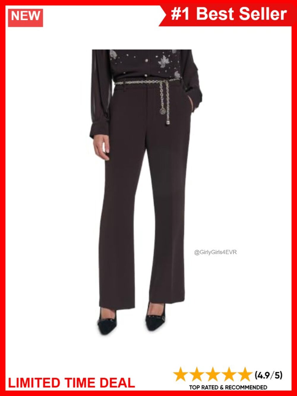 Karl Lagerfeld Chain Belt Straight Leg Work Pants Mid Rise Zip Closure